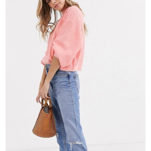 Miss Selfridge Women Ribbed Knit Sweater Size 4 Balloon Sleeves Mock Neck Orange - Picture 3 of 9